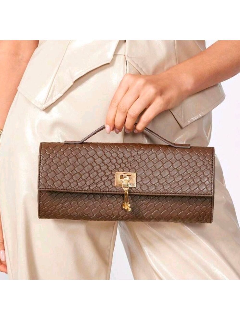 Elegant Brown Woven Clutch